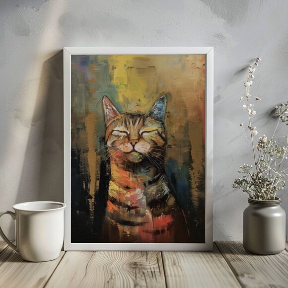 Original Abstract Cat Art Print + Digital Copy, Animal Home Decor - Picture 1 of 8